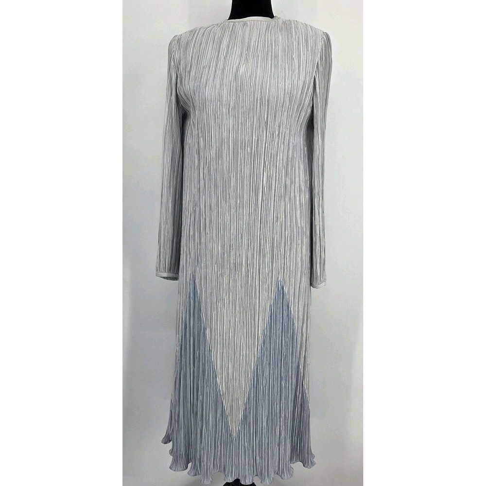 Vtg 70s Hal Ferman Accordian Pleated Gown 12 Blue Metallic Midi Dress MCM